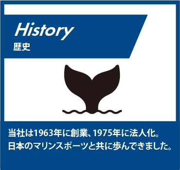 歴史：当社は1963年に創業、1975年に法人化。日本のマリンスポーツと共に歩んできました。