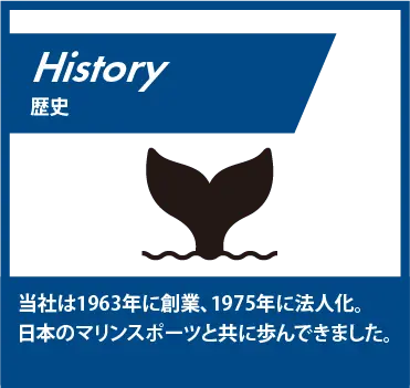 歴史：当社は1963年に創業、1975年に法人化。日本のマリンスポーツと共に歩んできました。