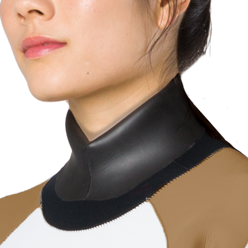 モビーズのスーツファンクション クロロプレンドライスーツ用2mmクロロプレンネックシールは女性用スーツの標準装備で、折り返して使うことで首からの侵入を防止します。3mmより着脱が容易で、息苦しさも軽減されます。