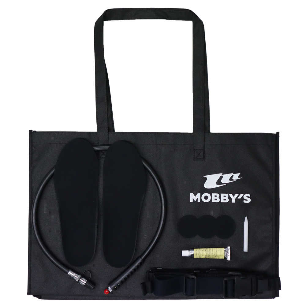 不織布バッグ、中圧ホース、サスペンダー、ジップワックス、簡易補修キットが付属します。